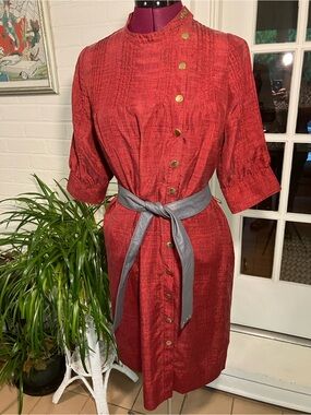 Anthropologie Red Midi Dress with Silver Belt and Gold Buttons